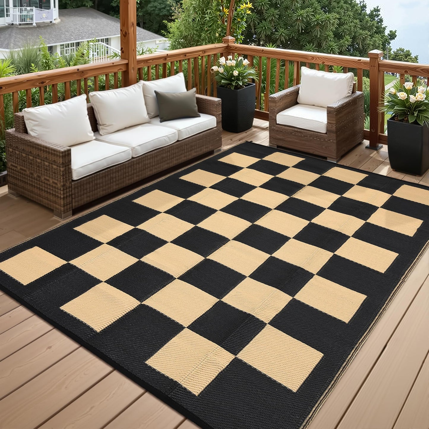 8 * 10ft Checkerboard Outdoor Rug, Reversible Woven Plastic Straw Patio Mat, Portable Floor Mat, Checkered Camping Carpet with Corner Loops for RV, Deck, Picnic, Balcony, Black & Brown