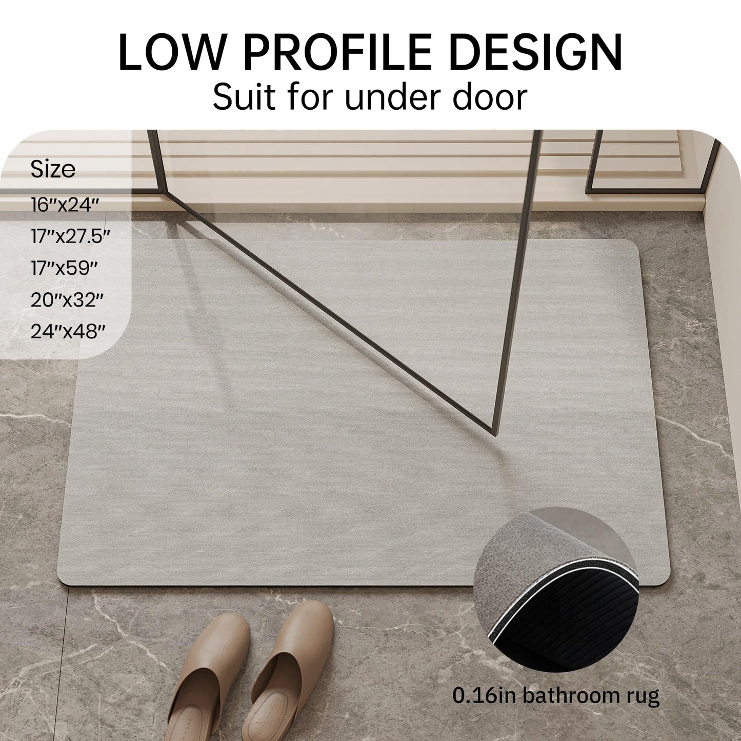 Mecko Bath Mat Rug, Rubber Non-Slip Quick Dry Absorbent Thin Bathroom Rugs Fit Under Door Bathroom Floor Mats-Shower Rug for in Front of Bathtub, Sink, Shower Room(Light Grey,16"x24")