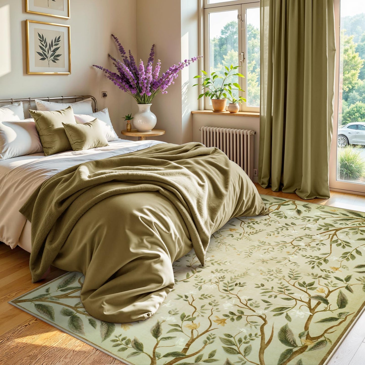 Collive Washable 5x7 Area Rugs, Green Living Room Bedroom Rug, Floral Forest Botanical Flourishing Vines Soft Non-Slip Stain Resistant Boho Carpet for Dining Room Office