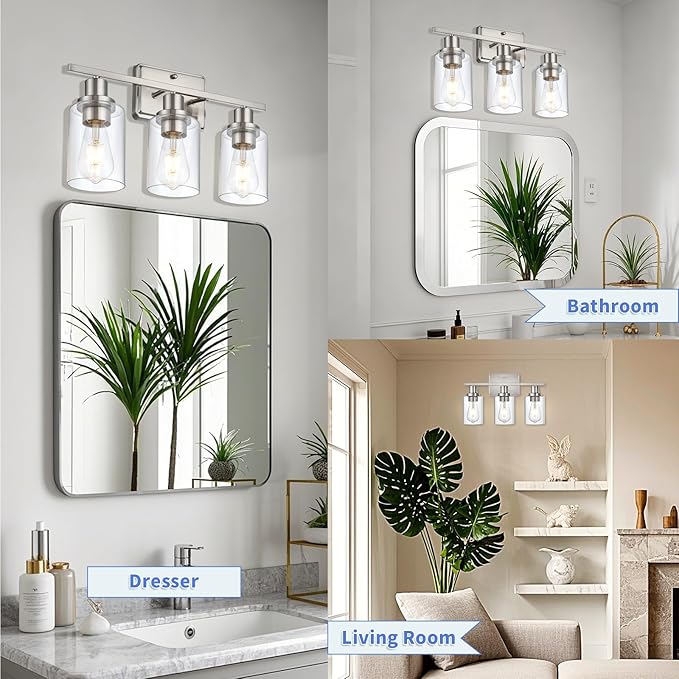Bathroom Vanity Light,3-Light Brushed Nickel Vanity Light, Modern Matte Black Wall Sconce Lighting with Clear Glass Shade,Wall Mounted Lamps for Mirror Bedroom,Living Room