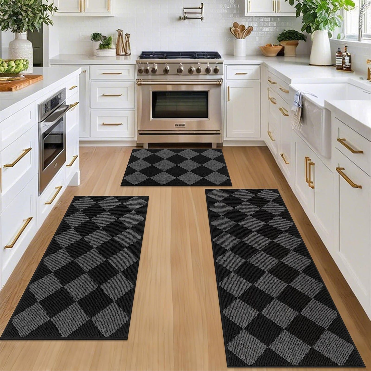 SHACOS 3Pcs Kitchen Rug, Checkered Kitchen Mat for Floor, Washable Non Slip Runner Rug for Hallway Entryway, Kitchen Runner Set for Kitchen, Front of Sink (17"x30"+17"x47"+17"x59", Black/Grey)