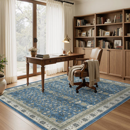 WITSHOCK Living Room Rug 8x10: Vintage Distressed Oushak Boho Farmhouse Retro Antique, Dining Room Rugs for Under Table, Bedroom Nursery Playroom, Ultra Soft Non-Slip Washable Stain Resistance, Blue