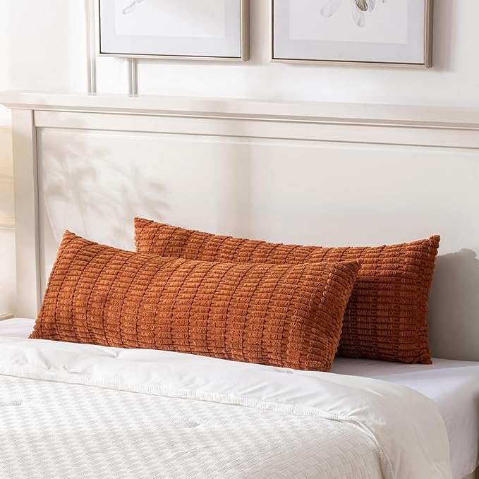 Fancy Homi Rust Long Long Body Lumbar Decorative Throw Pillow Covers 14x36 Inch for Bed Couch Bedroom Bench, Soft Corduroy Rectangle Solid Pillow Case, Terracotta Rustic Farmhouse Boho Room Decor