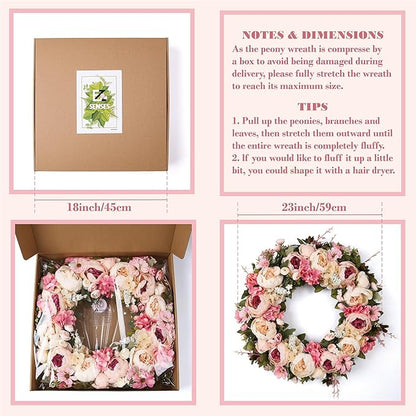 Peony Wreath 23" Floral Artificial Wreath for Front Door Wall Decor Home Décor Festival Celebration Wedding Party New Owners Seasonal Decoration Housewarming Gifts EZsenses (Light Pink)