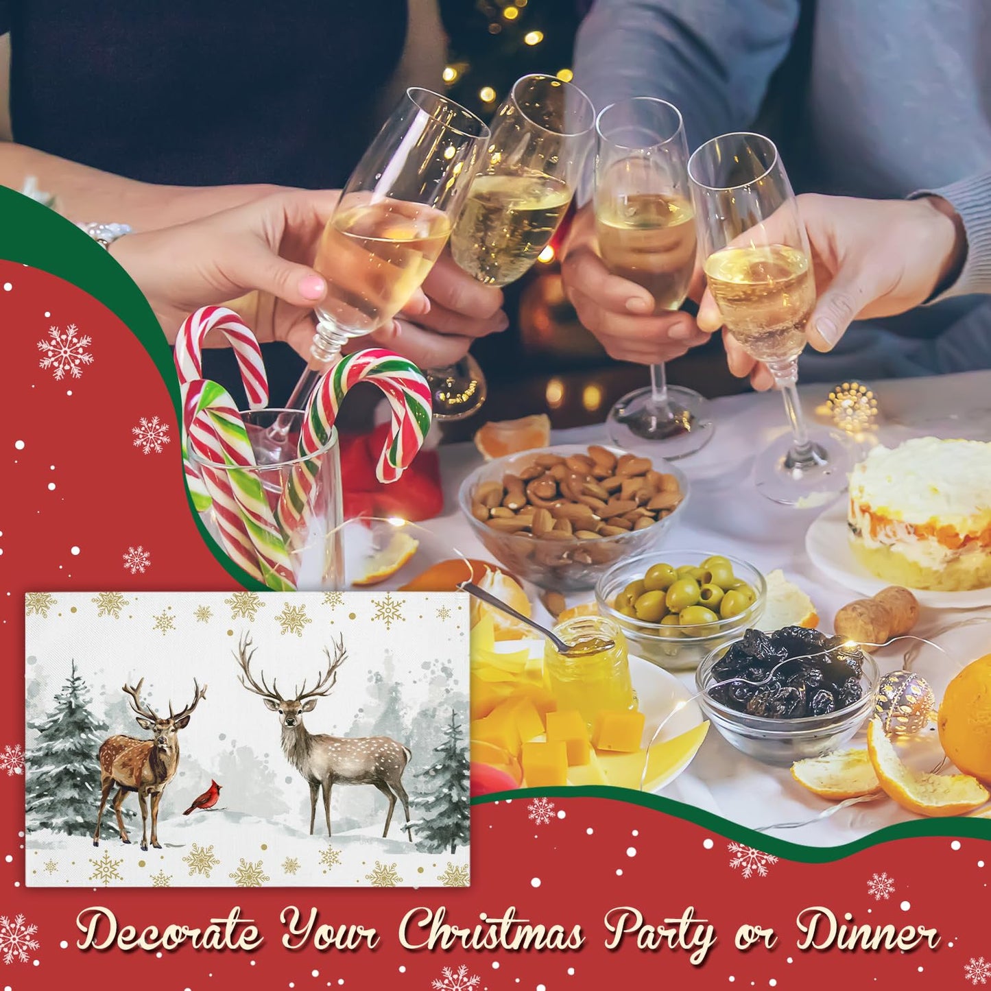 Christmas Tree Snowflakes Reindeer Placemats Set of 4 Winter Gifts for Christmas Women Rustic Holiday Placemats Decor for Xmas Party Home Kitchen Dining Recyclable Table Mats 12x18 inch - DH726