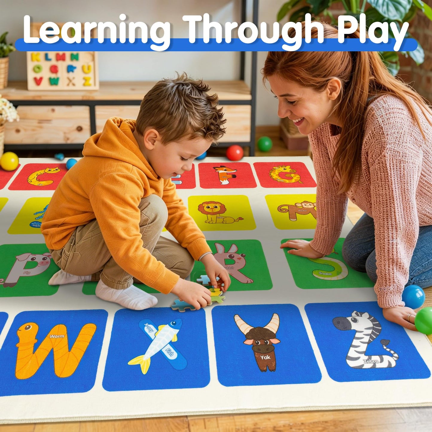WISH TREE Animal Shaped ABC Classroom Rug, 6' x 9' Soft Non-Slip Low Pile Alphabet Learning Rug with Rubber Backing, Kids Educational Rug for Preschool Kindergarten Playroom