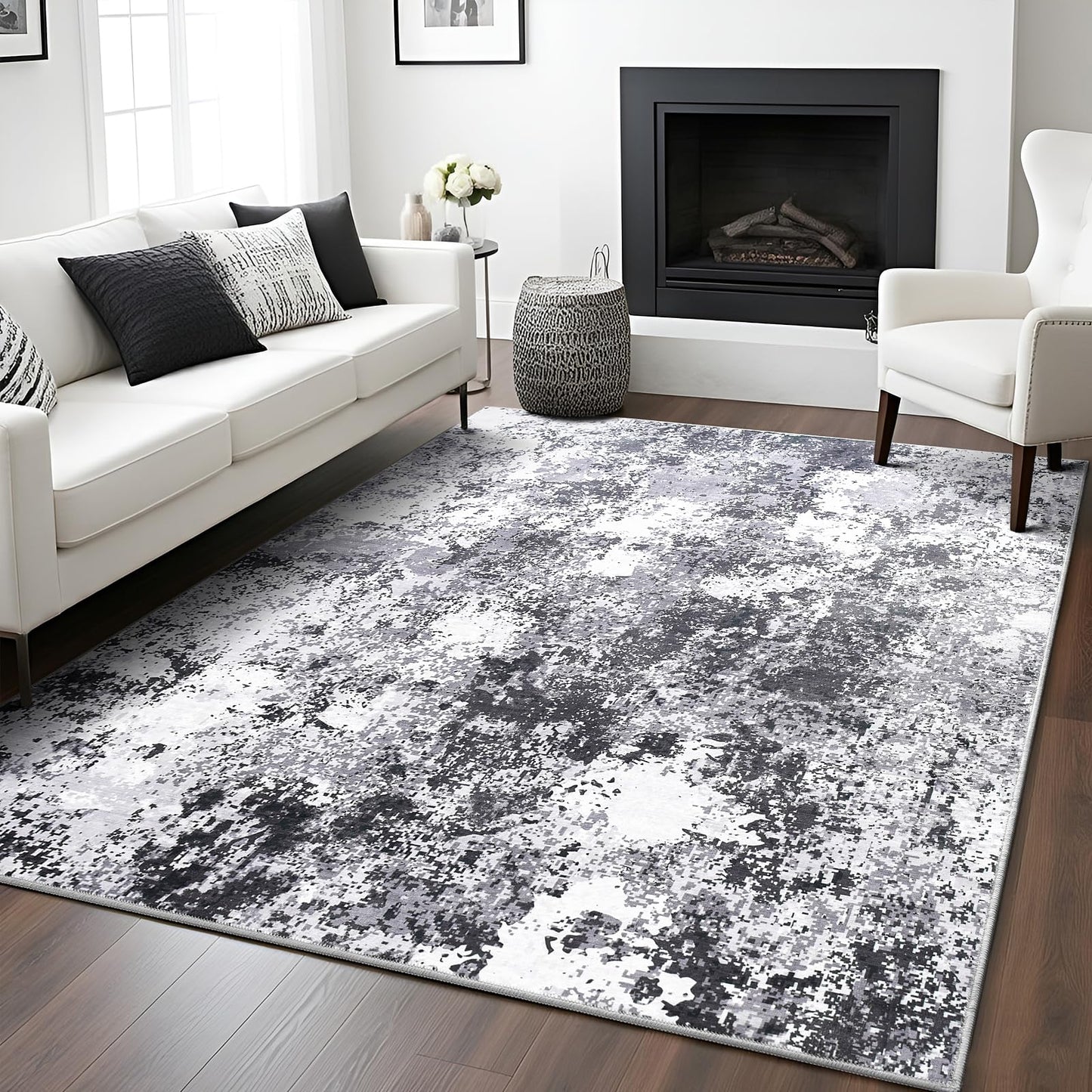 Enqinar Modern Abstract 4x6 Rug, Soft Washable Area Rug for Bedroom, Non Slip Thin Foldable Low Pile Stain Resistant Carpet for Living Room Dining Room Home Office Decor, Black Grey White