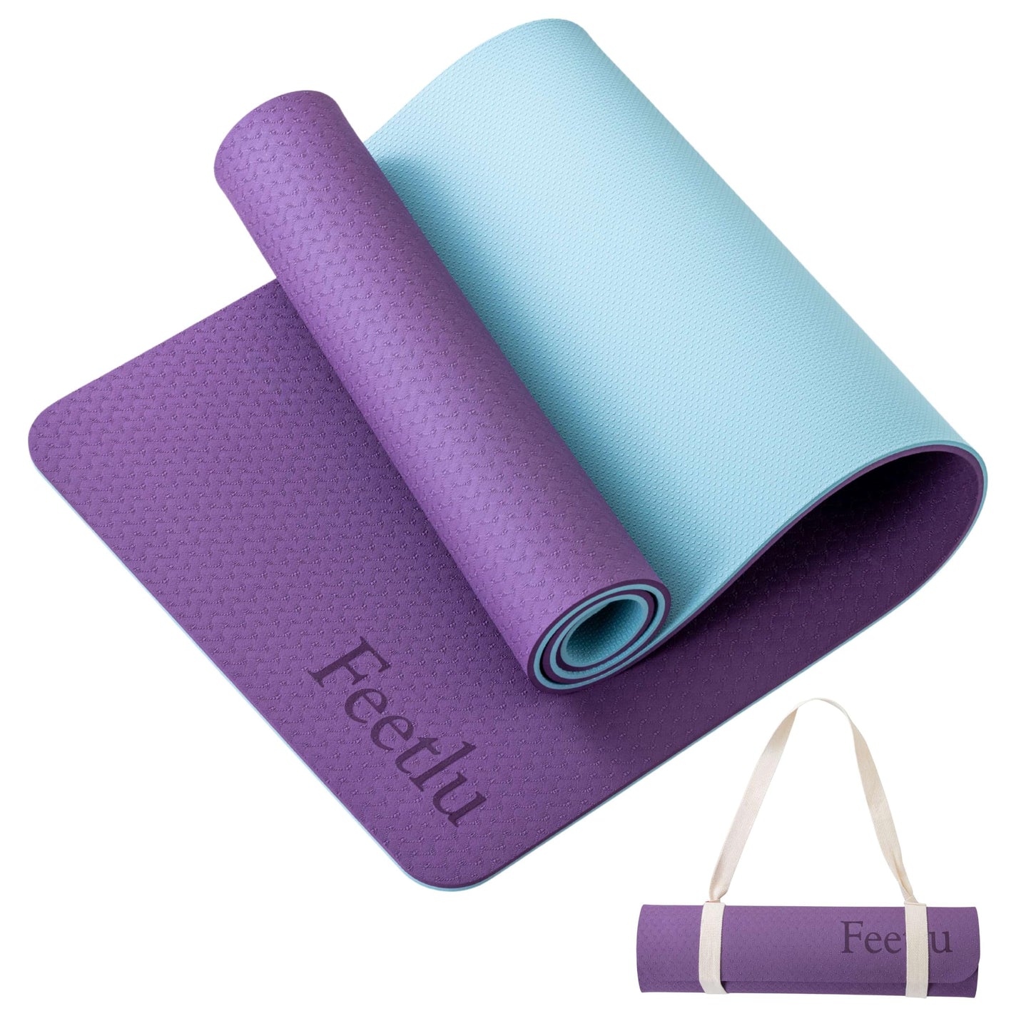 Feetlu Extra Thick Yoga Mat with Carry Strap, 10mm Non-Slip Exercise Mat, 72 x 24 Inch Cushioned Workout Mat for Yoga, Pilates, Stretching & Floor Exercises (DK. PL/BGY)