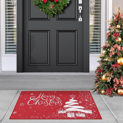 CAROMIO Christmas Doormat Xmas Holiday Decorative Christmas Tree Snowflake and Gift Pattern Welcome Mat for Home Decoration Non Slip Door Mat, Red, 17x29 Inch