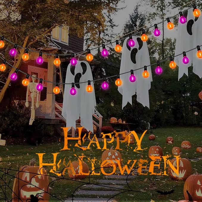 25FT G40 LED Outdoor Halloween String Lights, Orange and Purple Halloween Decoration Lights with 25 Globe LED Bulbs, UL Listed Hanging String Lights for Holiday Porch Garden Patio