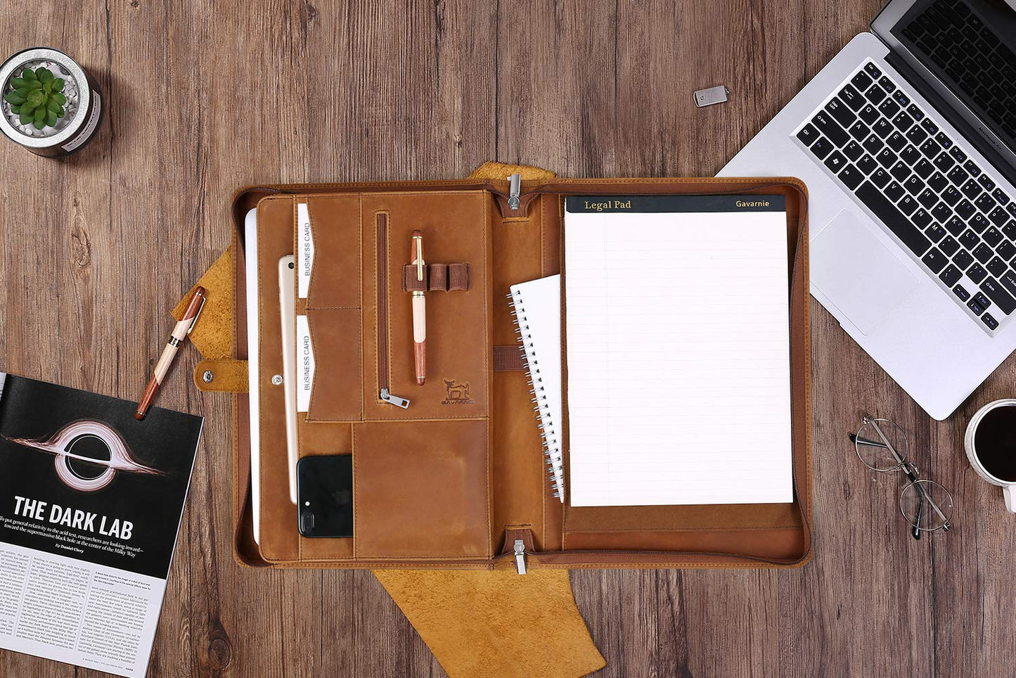 Gavarnie Genuine Leather Business Portfolio Padfolio Folder with Zipper for Men, Men's Leather Padfolio Folder for 13" Laptop, Business Portfolio for Letter Size Notepad, Graduation Gift，Brown