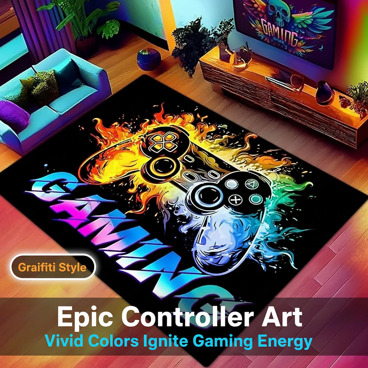 Dowtowter Gamer Rug Non Slip Washable Soft Polyester Carpet Mat for Boys Room Kids Bedroom Game Room Gaming Decor (Black-Letter, 39‘’×59‘’)