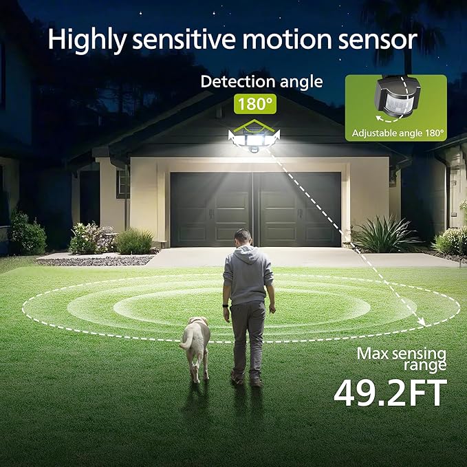 Philips Solar Security Light Outdoor 302 LED 1200lm，Solar-Powered Waterproof Wall-Mounted Flood Light w/PIR Motion Sensor, 3 Heads, IP65 Waterproof, 3 Modes (2 Packs)