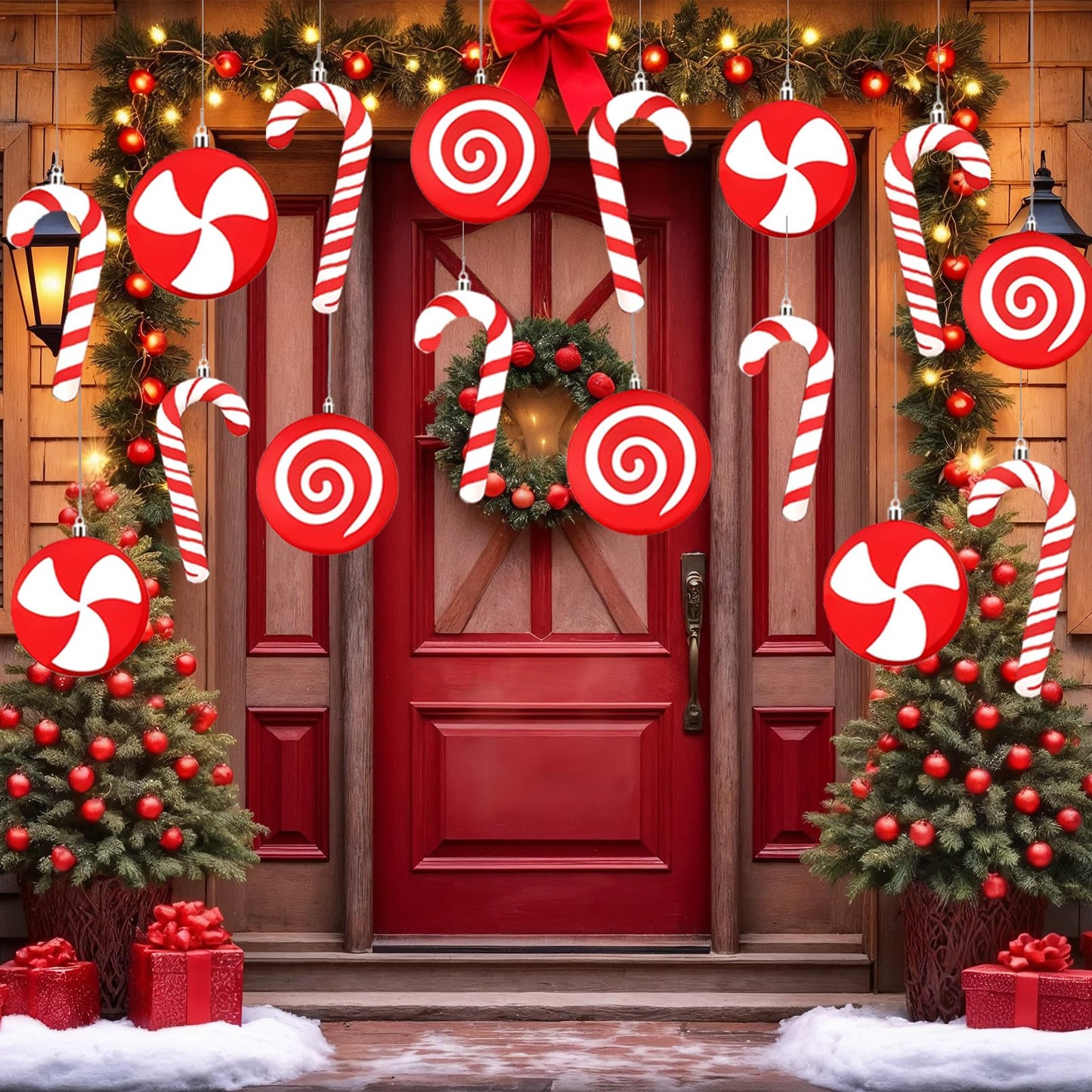 10ct Red and White Christmas Tree Ornaments, Shatterproof Plastic Candy Cane & Lollipop Xmas Decorations for Family, Kids, Candyland Themed Party Supplies