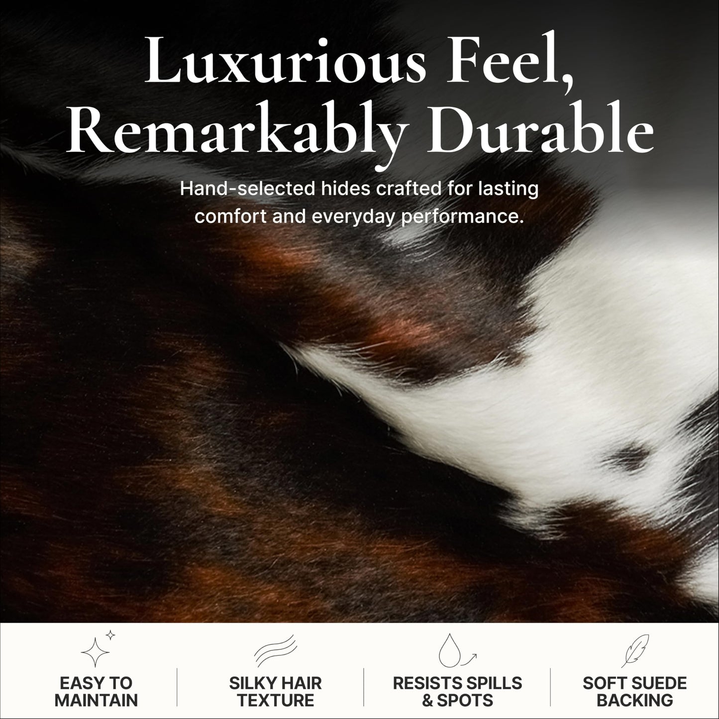 Appaloosa Cowhides Luxury Cowhide Rug 6x7-8ft - Genuine Natural Hide Rug, Silky Soft Tricolor Designer Area Rug for Living Room, Bedroom & High-End Modern Interiors (Dark Tricolor)