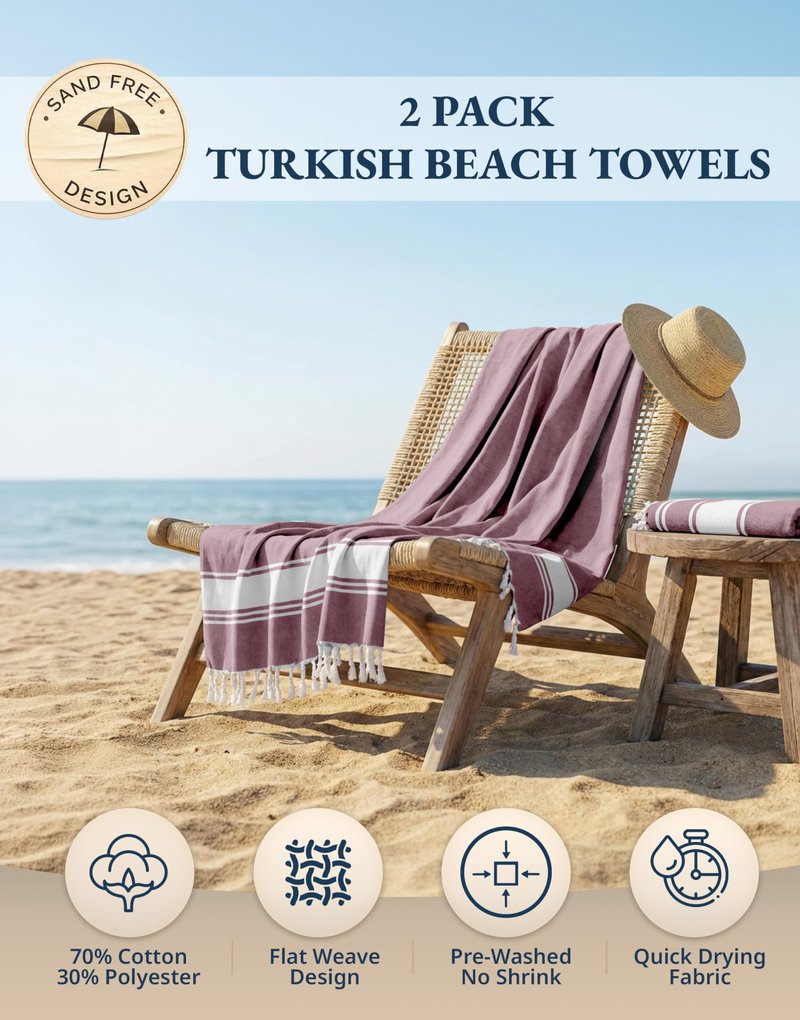 LANE LINEN Turkish Beach Towels, 2 Pack Extra Large Beach Towel, Pre-Washed for Soft Feel, Oversized Sand Free Quick-Dry Pool Towel, Beach Towels for Adults, 39"x71" - Wistful Mauve