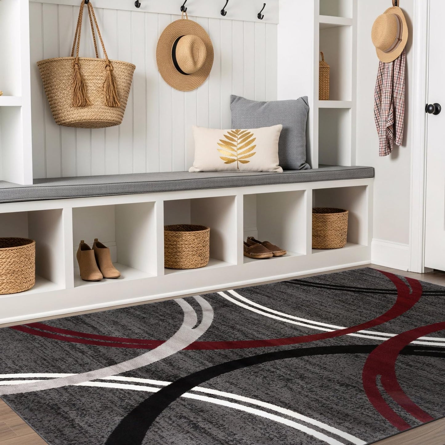 Rugshop Modern Wavy Circles Design Non-Shedding Area Rug, Carpet for Living Room or Dining Room, Red, 6'6" x 9'