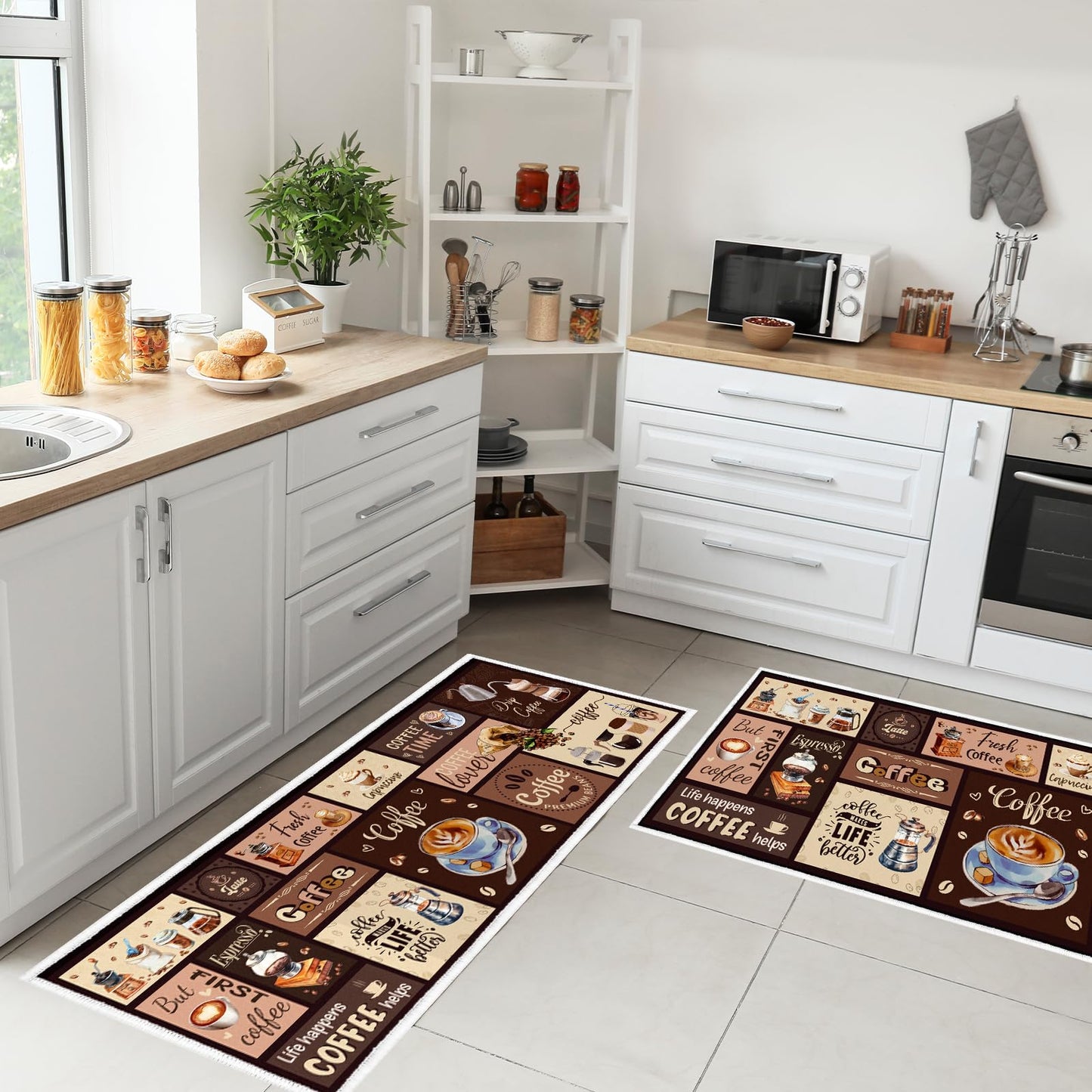 InIsaJace Coffee Kitchen Mats for Floor Rugs for Kitchen Floor Fatigue Mat 2 Piece Set Absorbent and Washable Runner Rugs Farmhouse Style Non Slip Kitchen Rug, 15x27+15x47 Inch