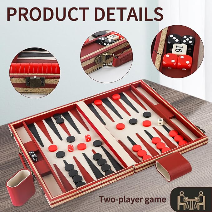 15 Inches Backgammon Sets for Adults Leather Travel Backgammon Set with American Flag Design Classic Board Game for Friends Party or Family Game Night