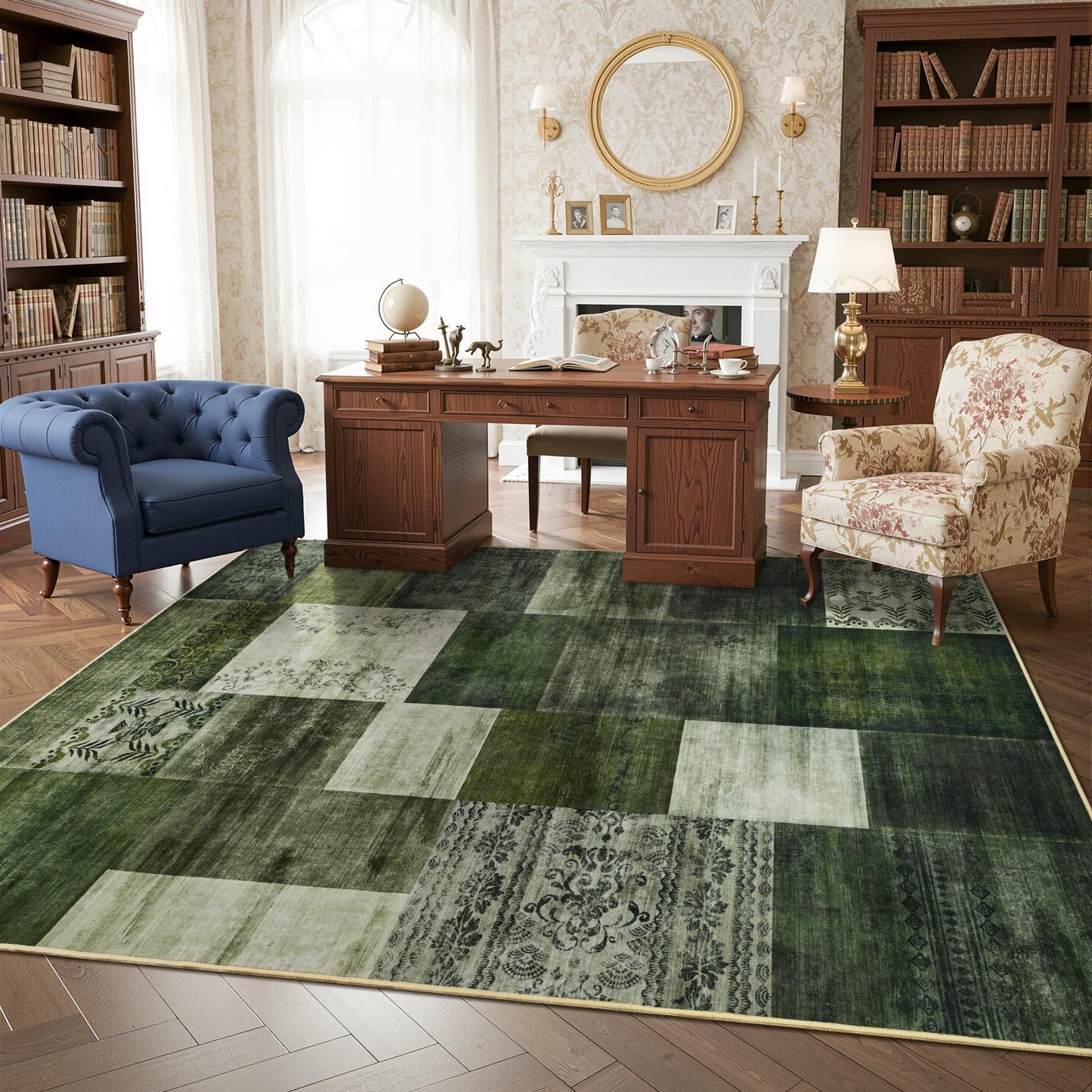 DweIke Washable Area Rugs 5x7 for Living Room, Modern Geometric Green Soft Patchwork Carpet, Non-Slip Stain Resistant Throw Rug for Bedroom Dining Room Office Home Decor