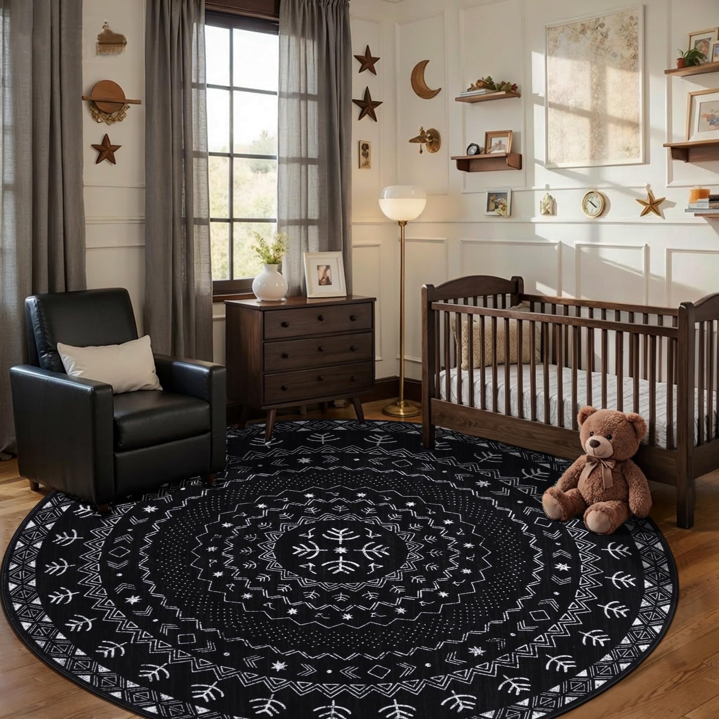 SERISSA Round Area Rug, 5ft Washable Non-Slip Black and White Boho Circle Rug, Soft Low-Pile Geometric Indoor Circular Carpet for Bedroom Entryway Living Room Dining Room