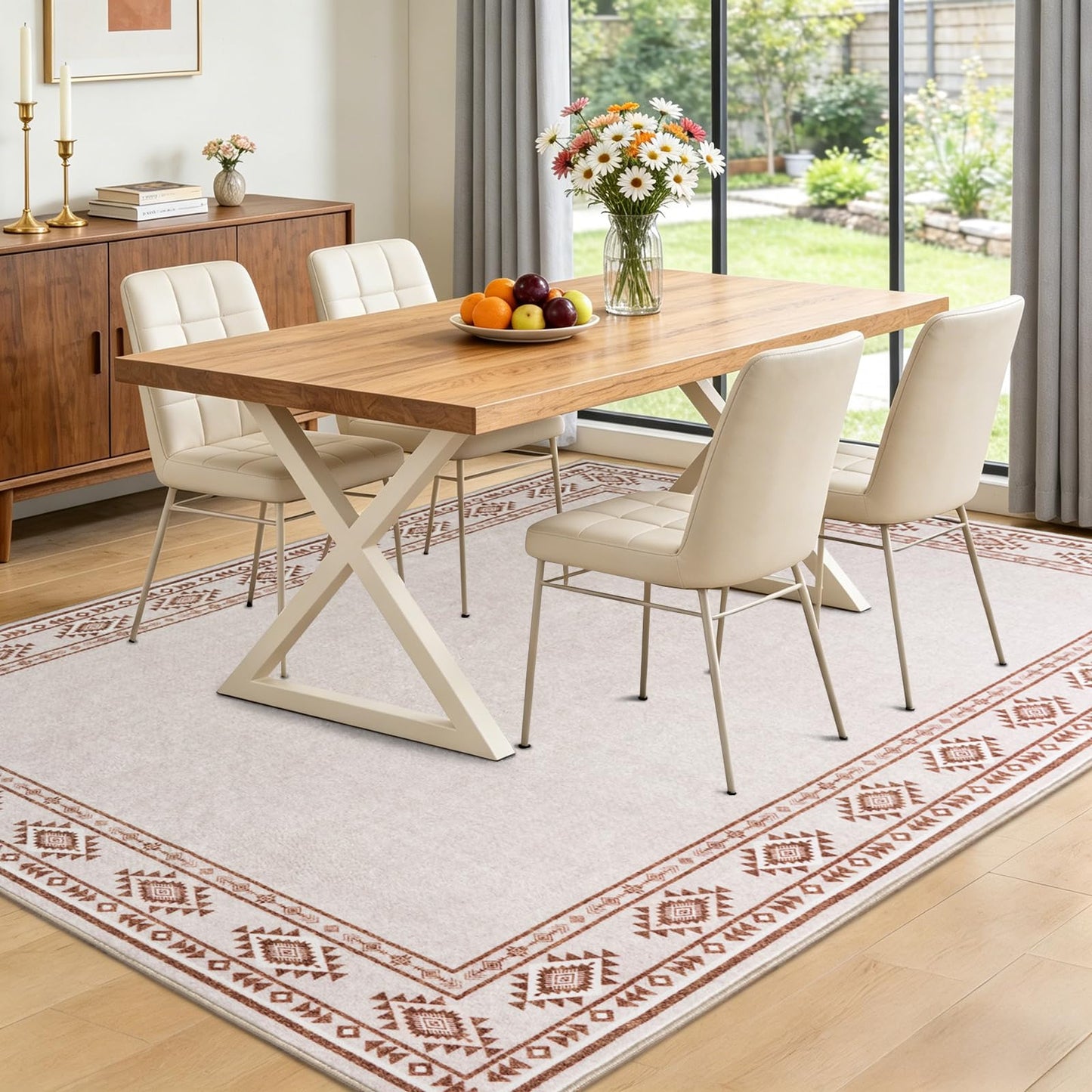 QDUIDU Large Area Rug for Bedroom Living Room, 4x6 Feet Ultra Soft Cream Rugs Washable Modern Geometric Bordered Non Slip Low Pile Carpets Home Decor