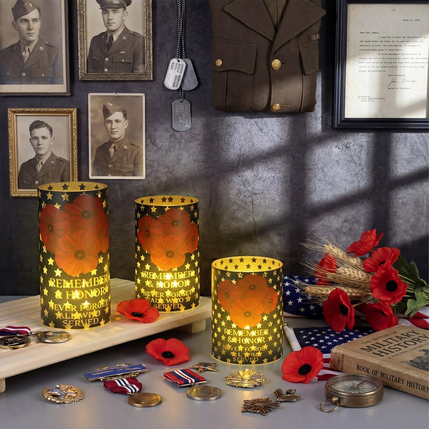 Baquler 3 Set Patriotic Flameless Candles White Red Blue Lampshade with LED Tea Lights Star Poppy Flower Candle Decorations for Independence 4th of July Veterans Day Tabletop Home Decor
