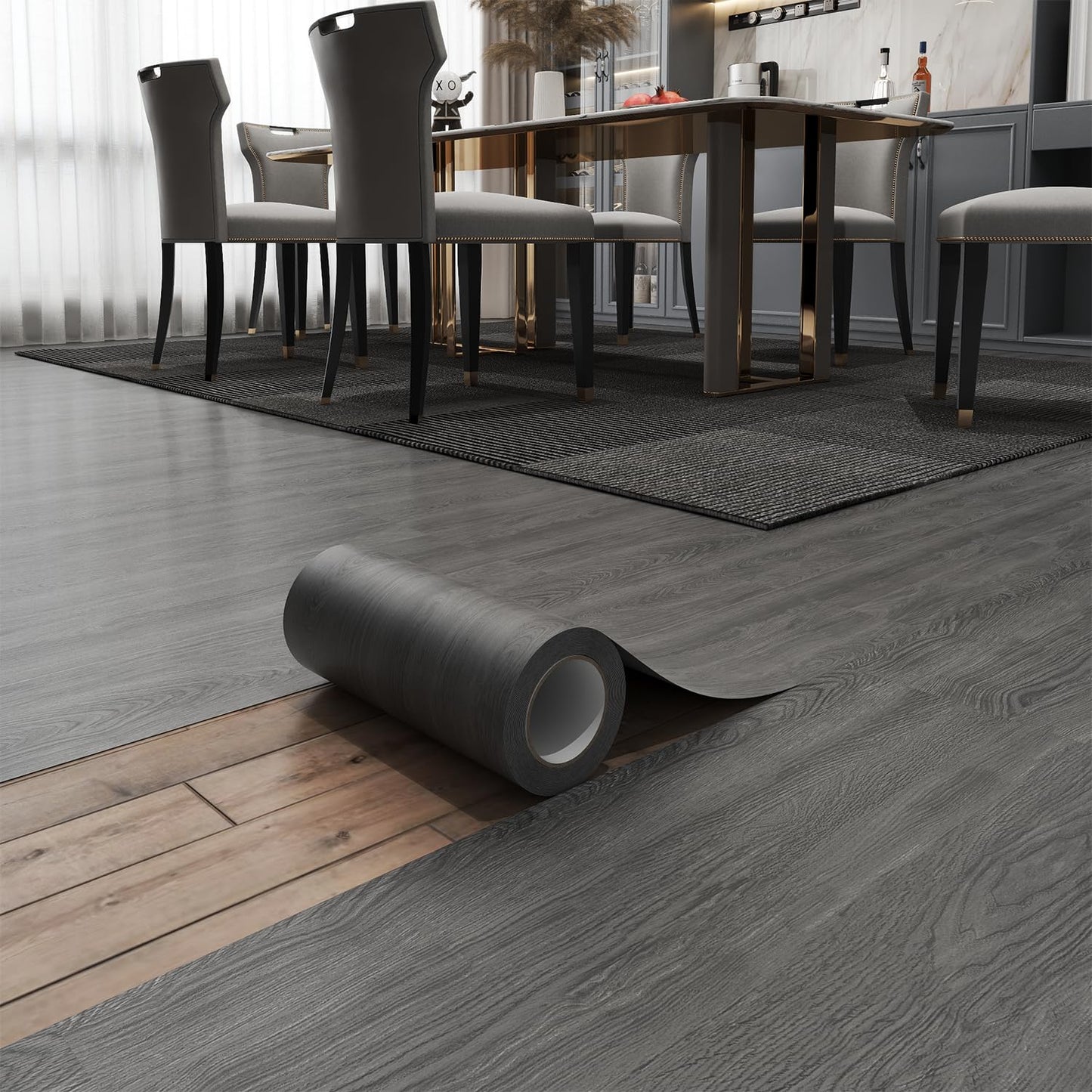 ZRJT Peel and Stick Floor Tile 11.8” x 590” Vinyl Flooring Roll Cover 48.4 Sq.Ft. Waterproof Scratch-Resistant DIY Self-Adhesive PVC Wood Flooring for Renter, Kitchen, Bathroom, RV, Grey