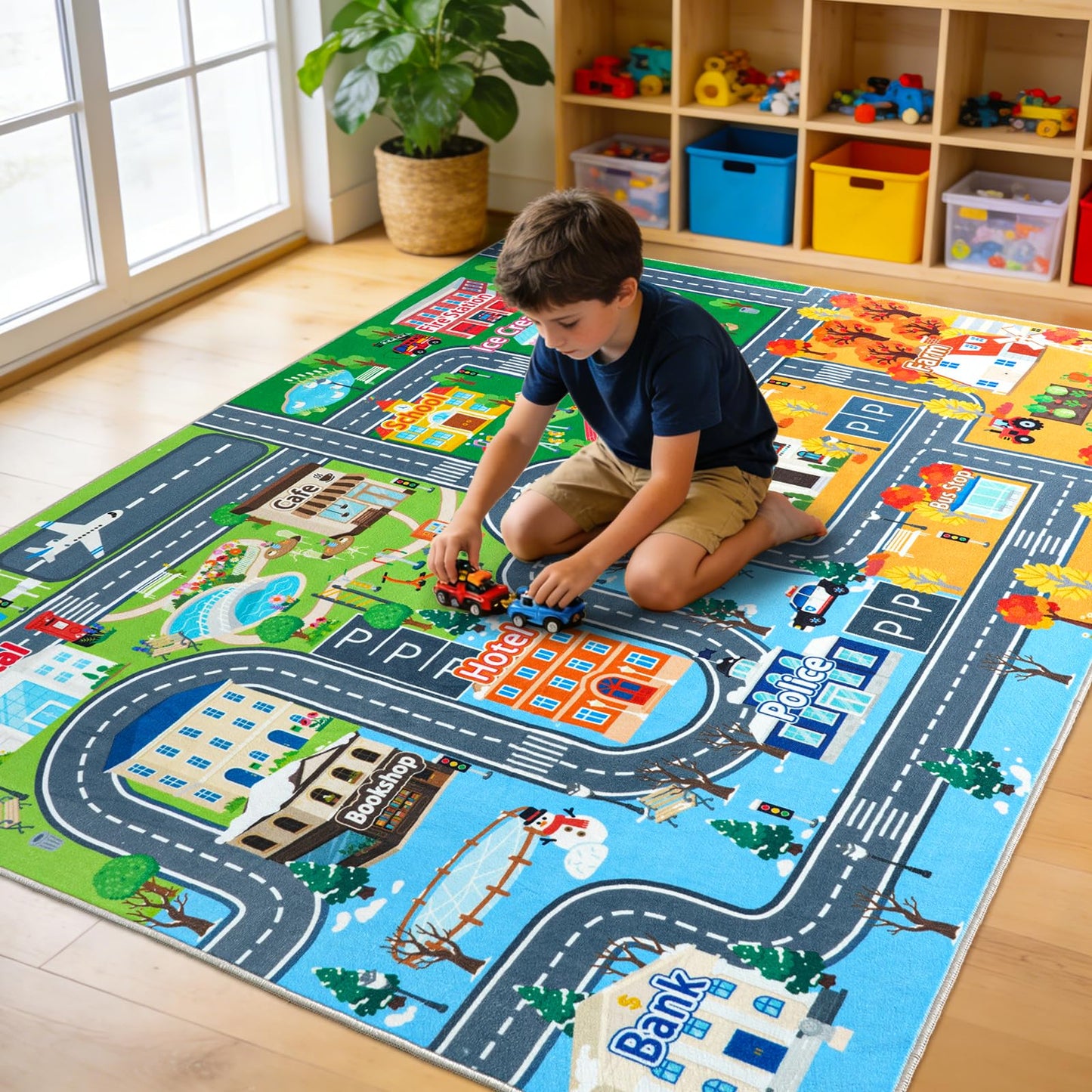 Car Rug for Kids Toy Cars, Town City Track Road Carpet Playmat with Non-Silp Backing, Traffic Playmat for Road Washable Rugs Four Seasons Theme Traffic Mat for Kids Room Bedroom Game Safe Area, 3'x4'