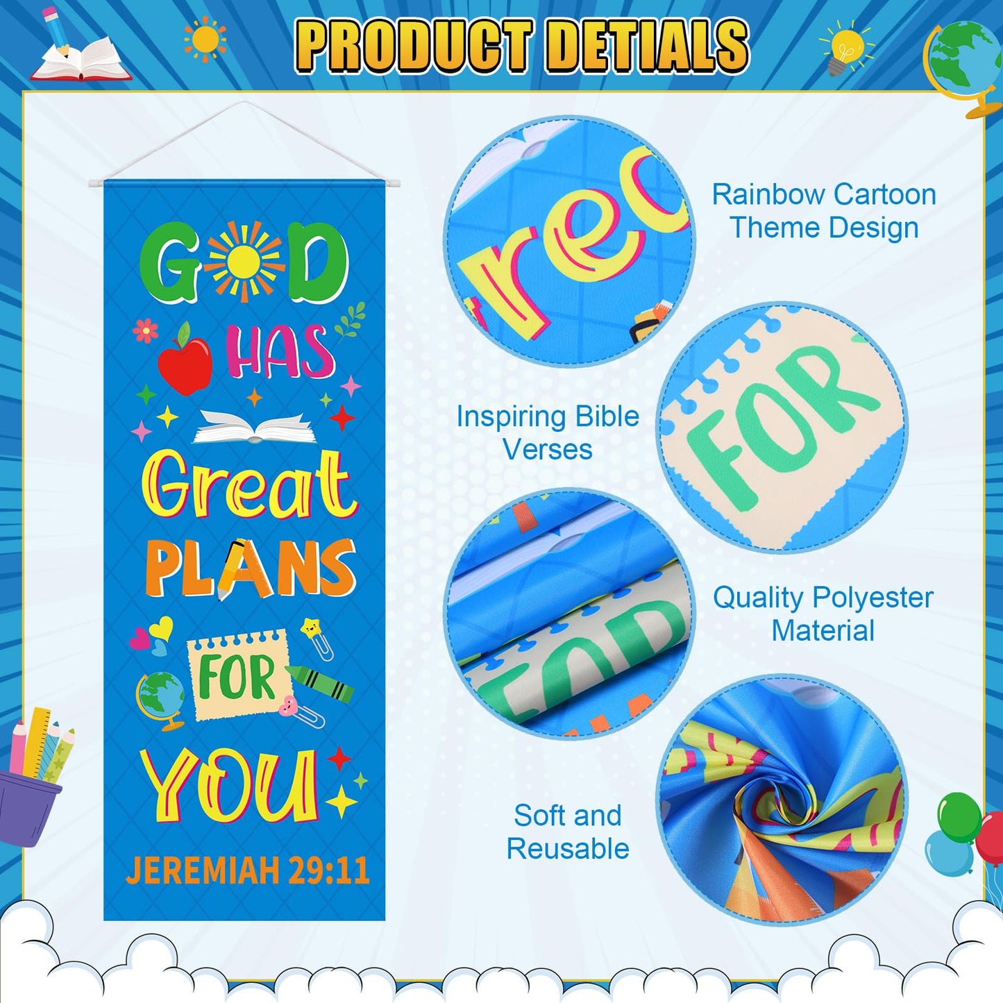 Panelee 4 Pcs Church Banners for Sanctuary Wall Rainbow Cartoon Church Banners with Scripture Inspirational Religious Praise Bible Verses Hanging Backdrop Signs for Sunday School Worship Decoration