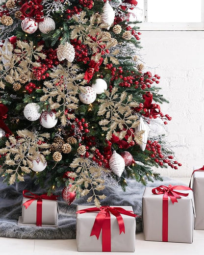 DILATATA 6Pcs Christmas Glitter Leaves Holly Leaves 23" Artificial Champagne Holly Leaf Picks Sprays Giltter Stems for Christmas Tree DIY Xmas Wreath Garland Home Decor - Champagne