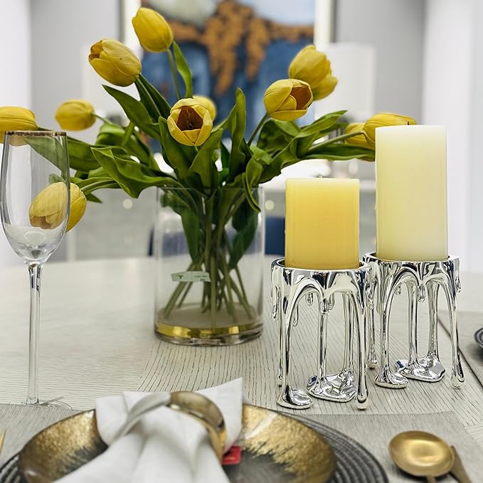 Decorative Candle Holders Set of 2 – Melting Drip Candle Stand for Pillar Candles – Sculptural Fireplace Decor, Gothic Table Centerpiece, Unique Home Accent(Silver, Set of 2)
