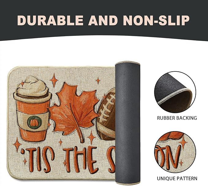 Fall Football Pumpkin Front Door Mat Indoor Outdoor Entrance, Tis The Season Autumn Maple Leaves Washable Non-Slip Rubber Doormat, Inside Outside Entrance Sports Game Day Welcome Floor Mat, 17x29