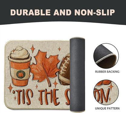 Fall Football Pumpkin Front Door Mat Indoor Outdoor Entrance, Tis The Season Autumn Maple Leaves Washable Non-Slip Rubber Doormat, Inside Outside Entrance Sports Game Day Welcome Floor Mat, 17x29