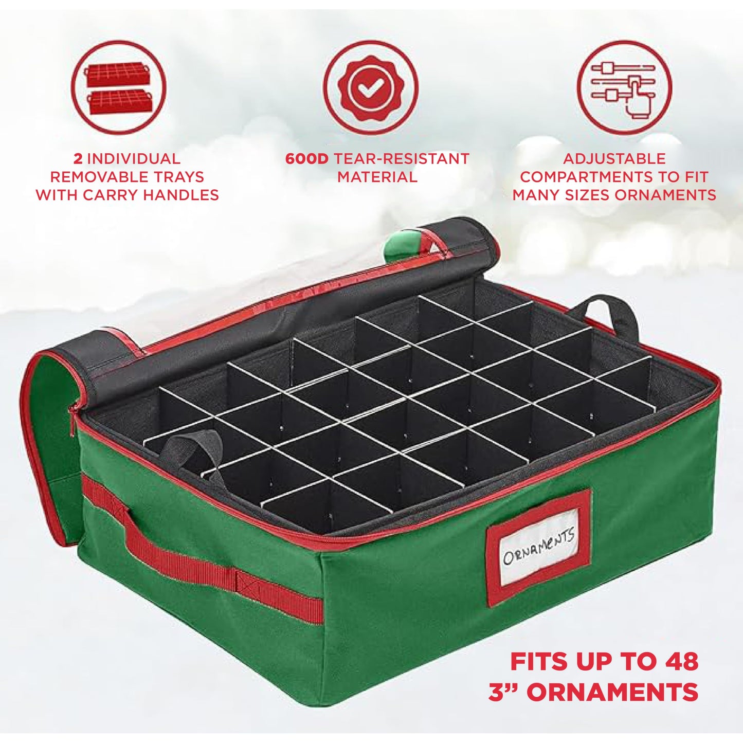 HOLDN’ STORAGE Christmas Ornament Storage Box with Dividers - Fits 48-3” Ornaments, 2 Removable Trays, Durable & Space-Saving, Clear Top Lid, Fits Underbed, Green