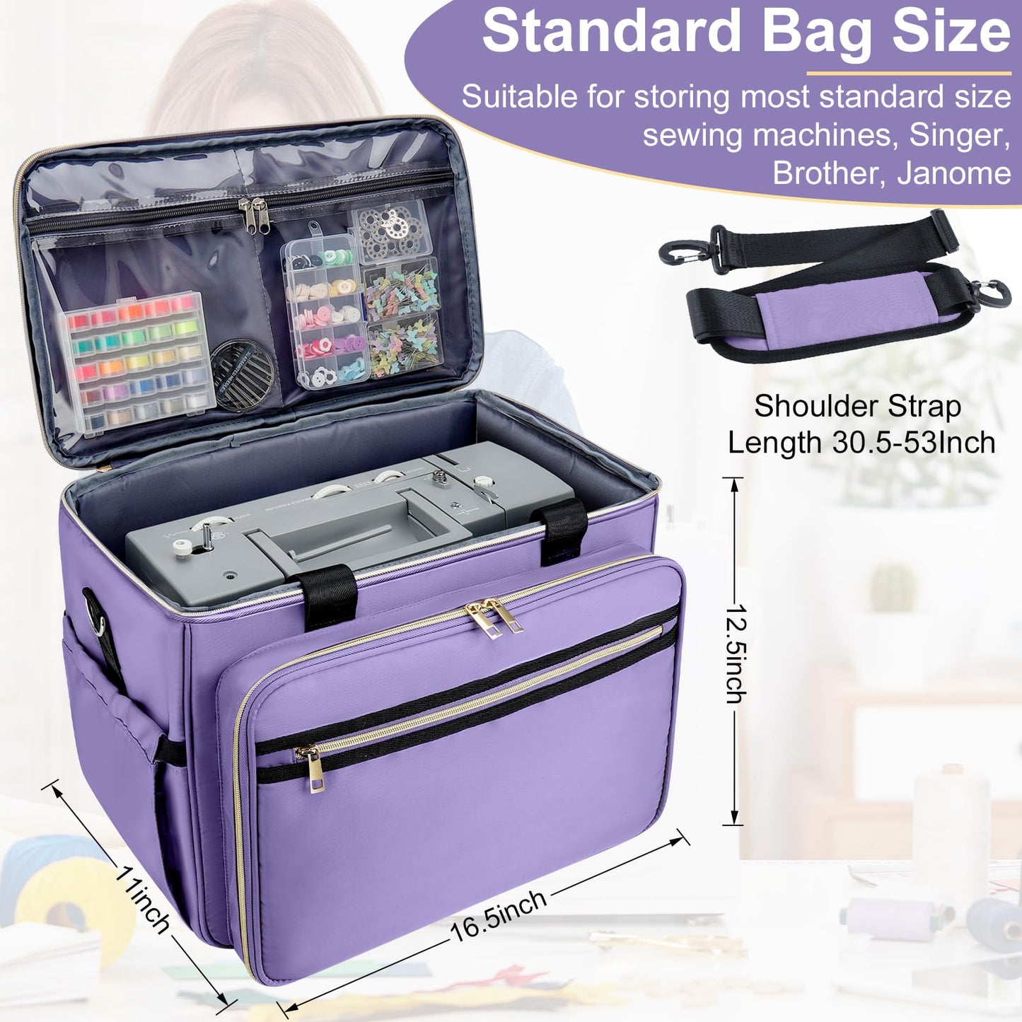 Anitor Sewing Machine Carrying Case with Removable Bottom Padding, Sewing Machine Bag Fits Most Standard Sewing Machines and Storage Sewing Accessories, for Singer, Brother, Janome, Purple，(Bag Only)