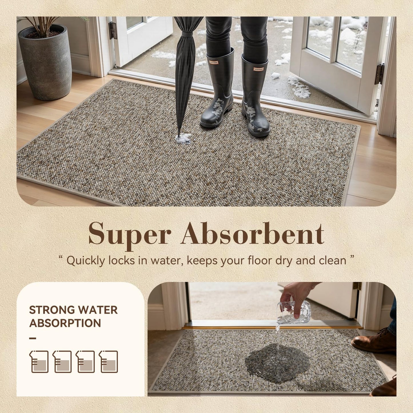 MontVoo Door Mat Indoor Entrance Doormat, Absorbent Durable Rubber Non Slip Front Door Mat for Inside Entry Entryway Dirt Trapper Welcome Mat, Grey Brown 17''x30''