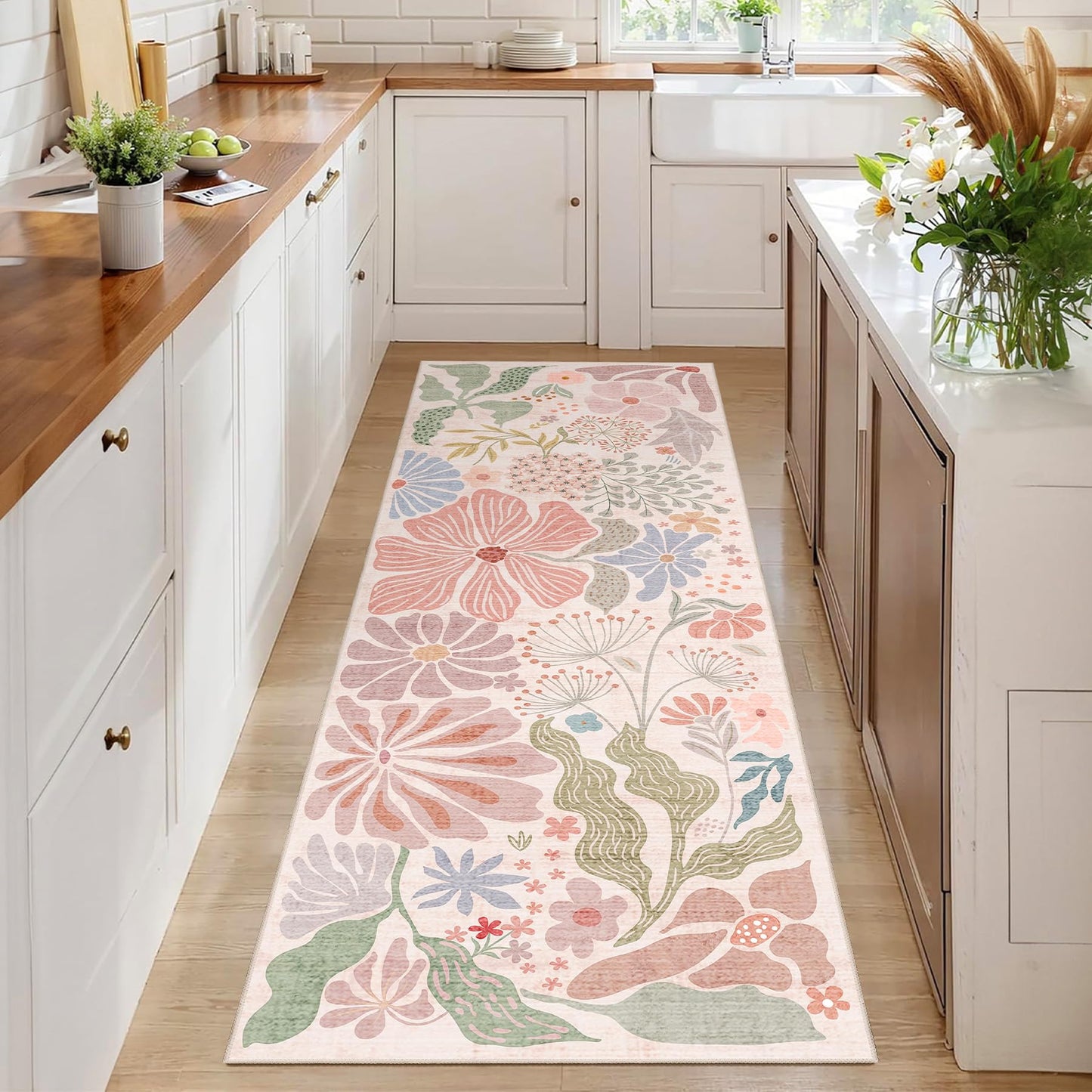 MUJOO Pink Washable 2x6 Runner Rugs for Hallway Kitchen Bedside,Floral Long Area Rug for Bedroom Bathroom Laundry Room Floor Non Slip Carpet Throw Rug Boho Modern Abstract Botanical Flower