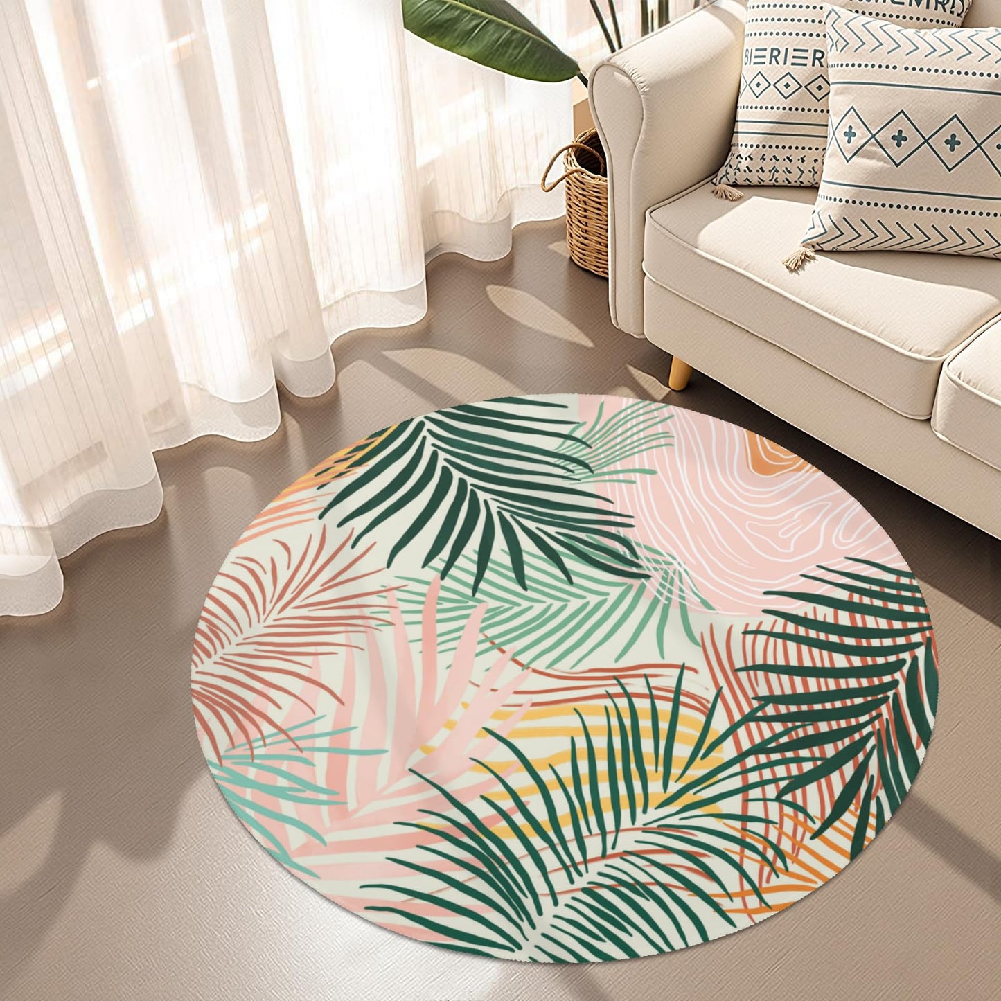 Wualmondor Modern Art Leaves Round Rugs 4ft Abstract Palm Leaf Circle Area Rug Low Pile Washable Carpet Non Slip Rubber Backing Rug Doormat for Living Room Bedroom Entryway Pink Green