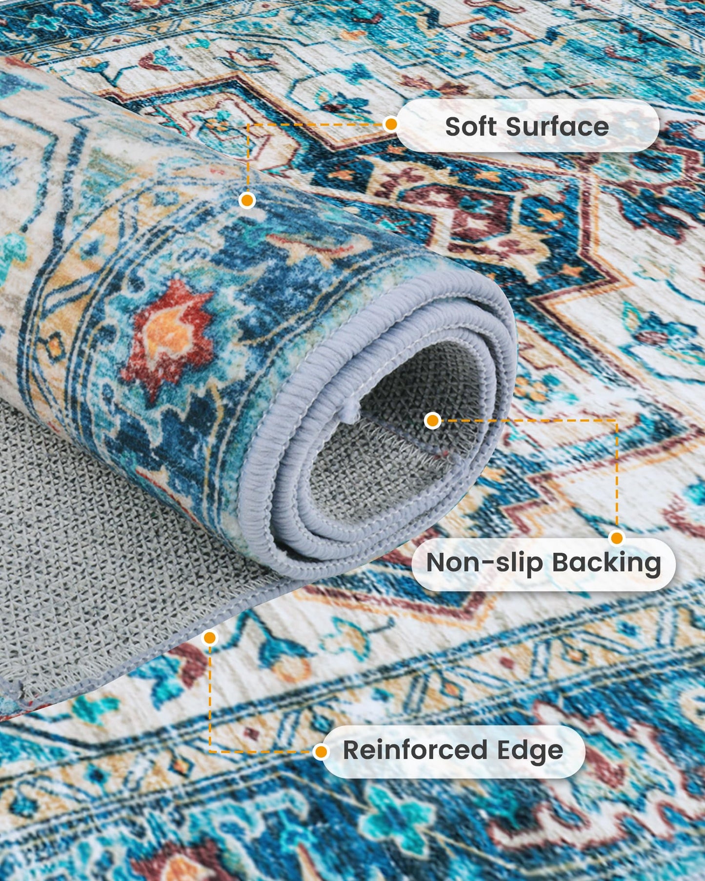 Mueinxiei Washable Vintage Area Rugs 9x12 Large Medallion Pattern Rugs, Non Slip Water Repellent Low Pile Carpet for Living Room Bedroom Dining Room Gemstone Blue