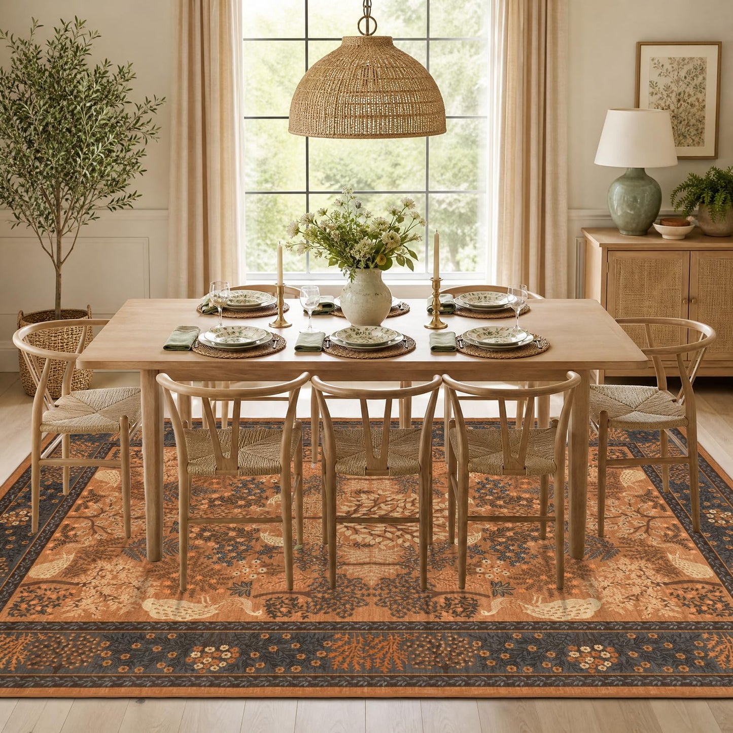 Garvee 5x7 Forest Area Rug Washable Rugs for Living Room, Soft Low Pile Non Slip Peacock Animal Print for Bedroom Farmhouse Throw Rug Indoor Carpet Dining Room Playroom Decor, Terracotta Orange