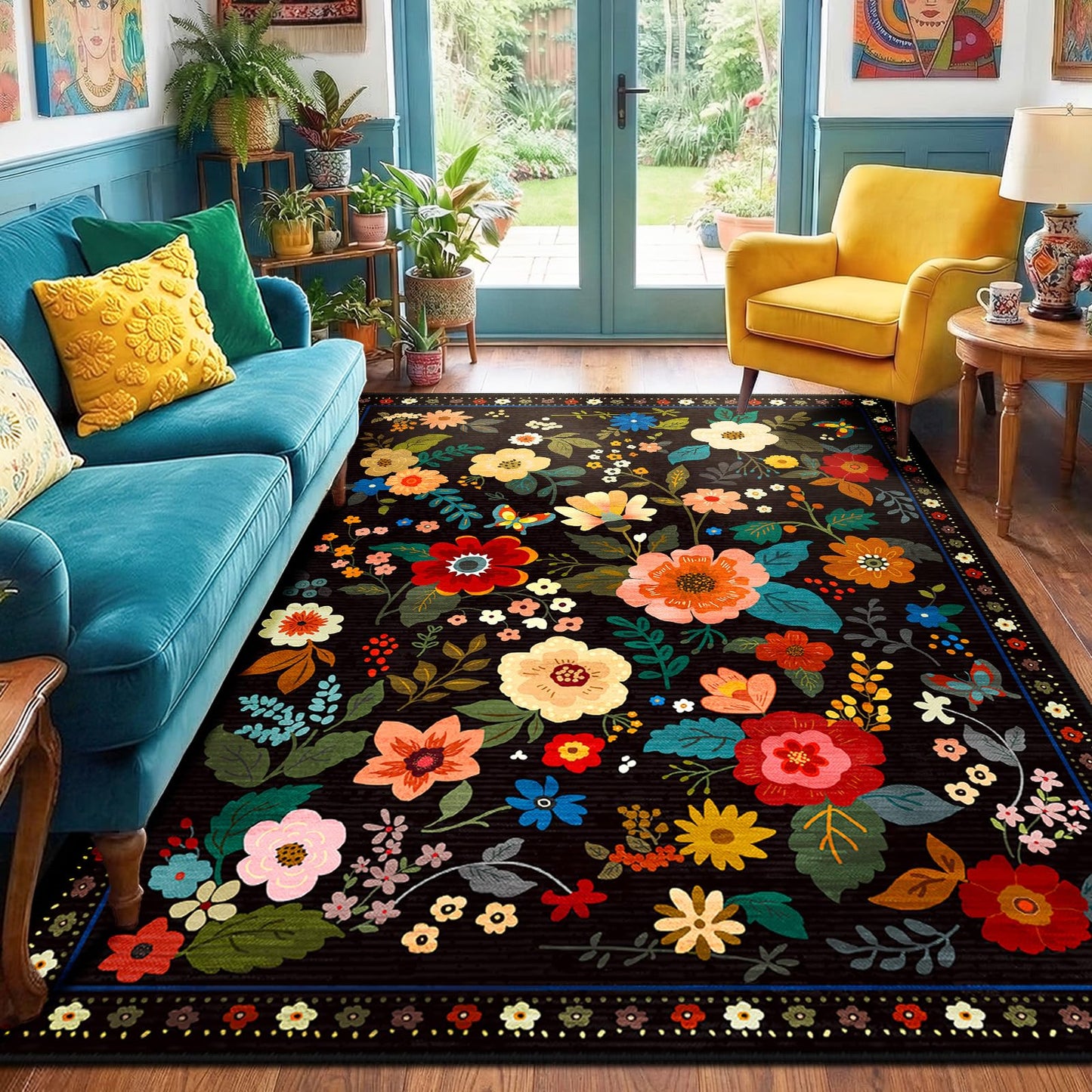 RELEANY Floral 5x7 Area Rugs Washable Print Boho Cute Carpet Non Slip Flower Low Pile for Living Room Bedroom Kitchen Office Farmhouse-Black