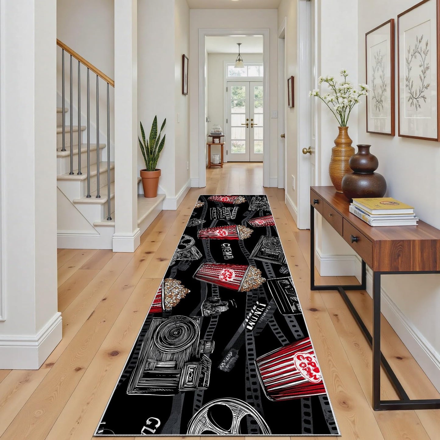 Movie Theater Decor Hallway Runner Rug 4x10ft – Popcorn and Projector Design, Washable Non-Slip Carpet for Living Room, Bedroom, Kitchen, Home Theater, Perfect for Movie Night Home Decor