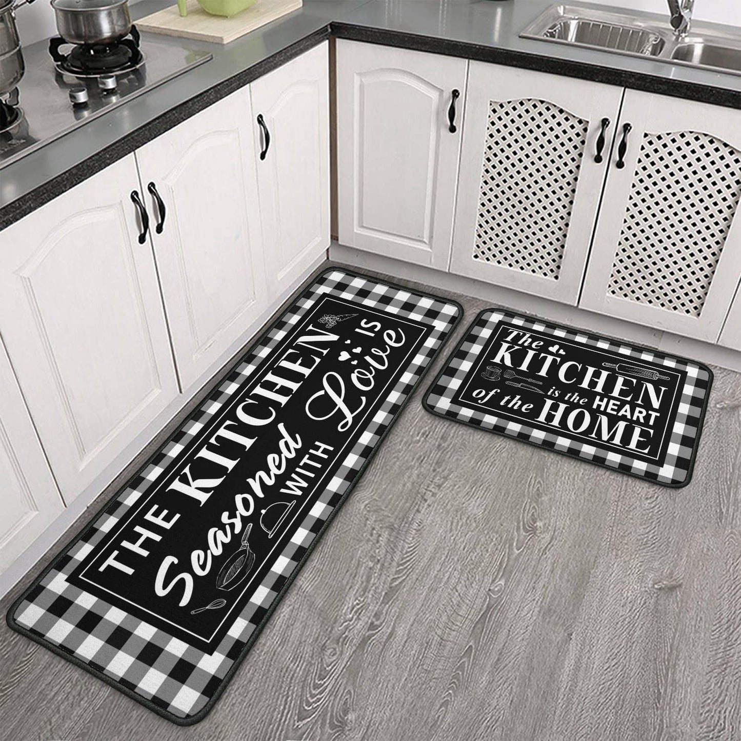 2 Piece Buffalo Plaid Black and White Kitchen Rug Set, Home Kitchen Sink Rugs and Mats Non Skid Washable Absorbent Microfiber Kitchen Floor Decor Carpet 17" x 47"+17" x 30" Tapetes para Cocina
