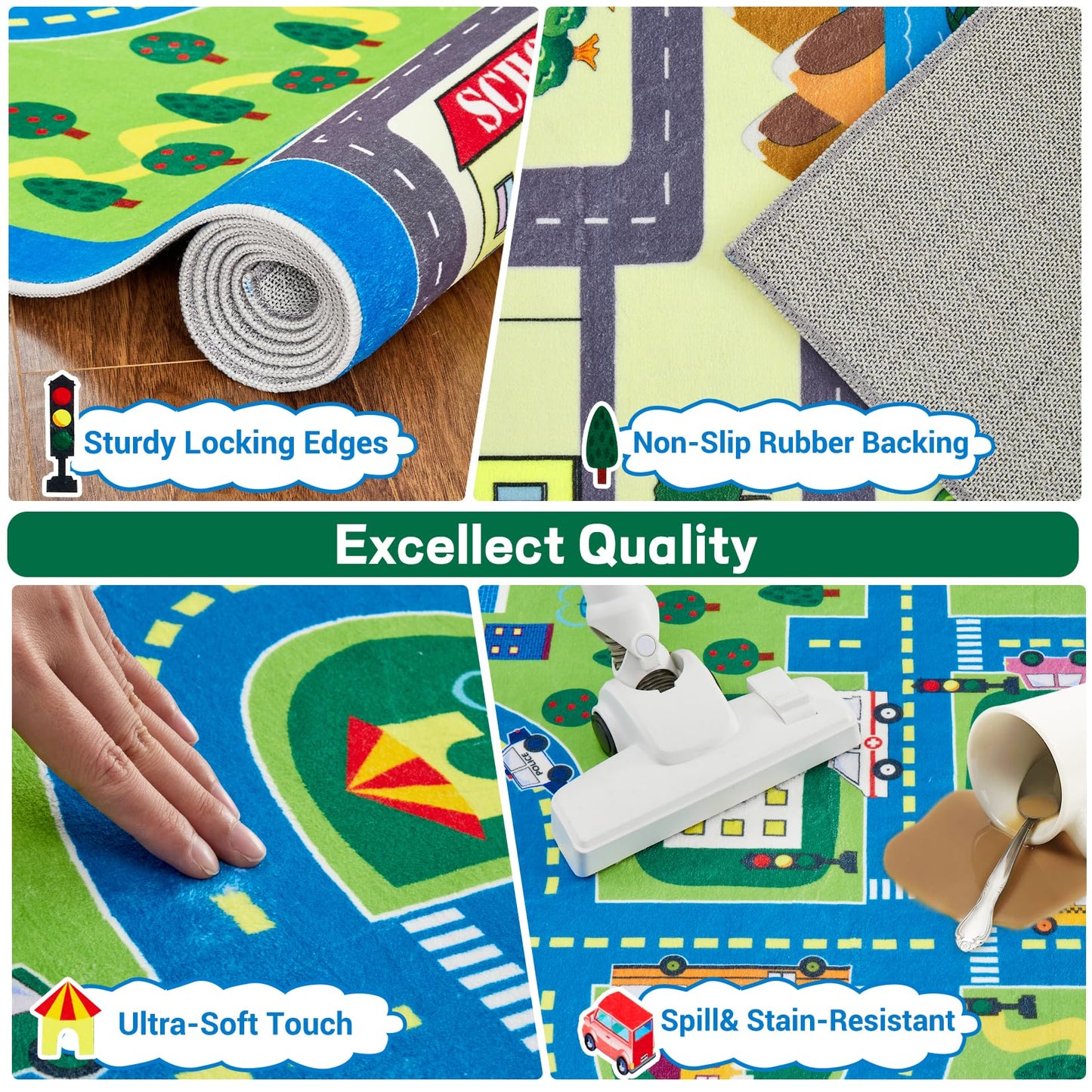 COZYLOOM City Life Car Road Kids Play Mat 4x6 Non Slip Washable Traffic Road Playroom Rug, City Map Race Track Carpet, Ultra-Soft Foldable Interactive Learning Rug for Kids Room Bedroom Nursery