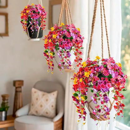 Artificial Flowers for Outdoors 3 Pack Fake Hanging Plants with Faux Hibiscus Flowers Summer Fall Decor UV Resistant Silk Leaves for Indoor Outdoor Front Door Porch Patio Planter Decor