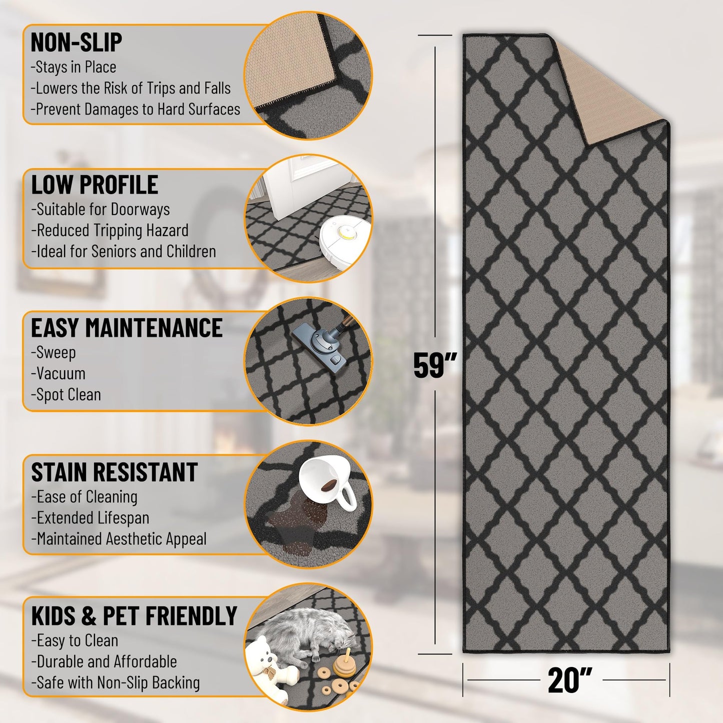 Ottomanson Hallway Runner Rug 20" x 59" Non Slip Trellis Area Rugs Easy to Clean Laundry Rug Runner Durable & Pet Friendly Floor Carpet Runners for Hallways Entryway Living Room Kitchen, Dark Gray