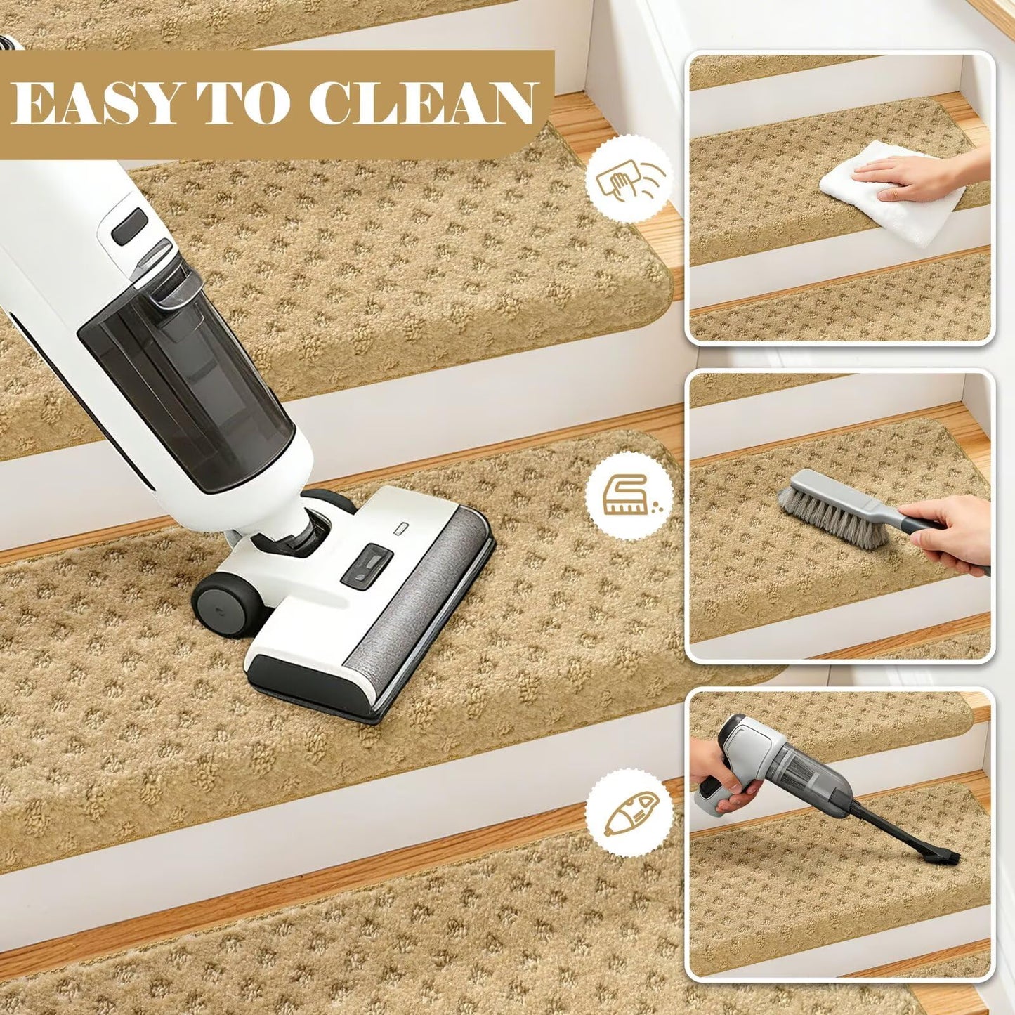 DEXDE Bullnose Carpet Stair Treads Non Slip for Wooden Steps Indoor, 30" x 9.5" x 1.7" (14 Pack) - Peel and Stick Stair Runner Rugs with Edge Protection, Washable & Reusable Pet Friendly Mats, Beige