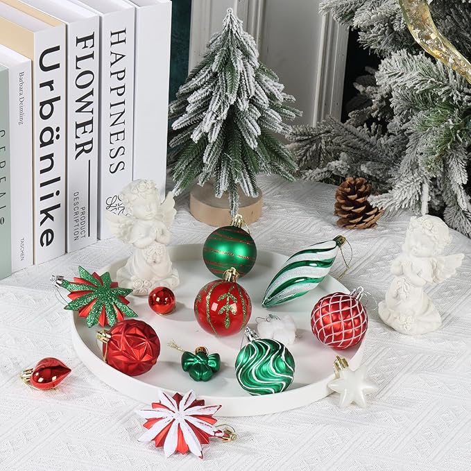 82Pcs Red and Green Christmas Tree Ornaments Set,Shatterproof Christmas Decorations for Tree Assorted Plastic Craft Baubles Snowflake Ball Ornaments for Holiday Party Decor (Red&Green&White)