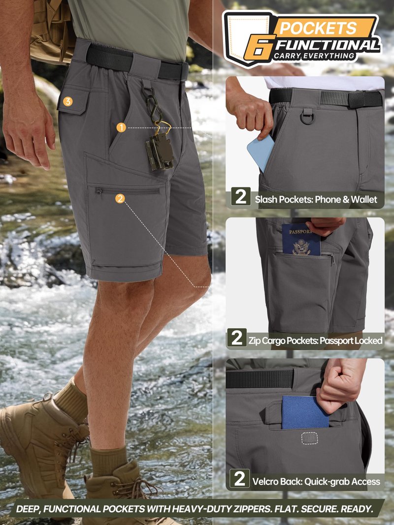 FREE SOLDIER Men's Cargo Hiking Shorts with Belt Lightweight Quick Dry Tactical Shorts with Pockets for Casual Work Golf(Gray,34W x 12L)